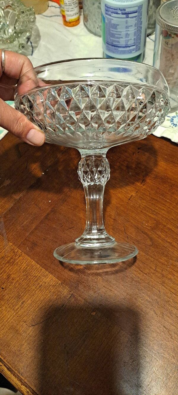 Vintage Clear Pressed Glass Pedestal Compote Candy Dish Diamond Point Pattern